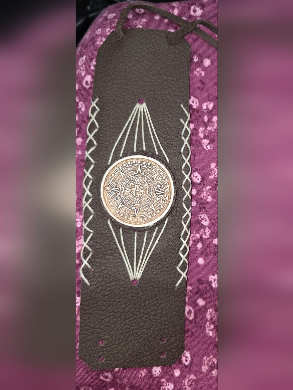 Hand Stitches Brown Leather.  Bracelet/Arm Cuff with Aztec Calendar Medallion